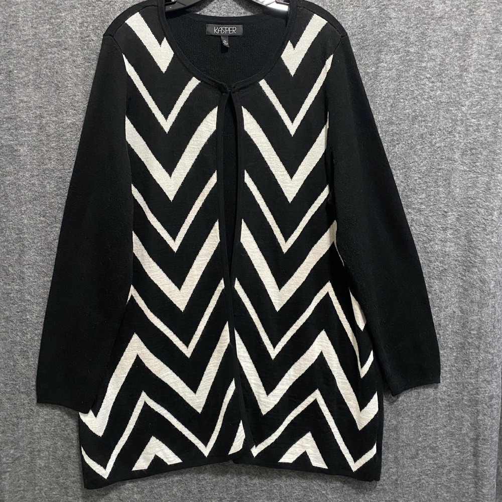 Kasper Cardigan Sweater Women 2X Black White Wool Blend Open Front Topper Office